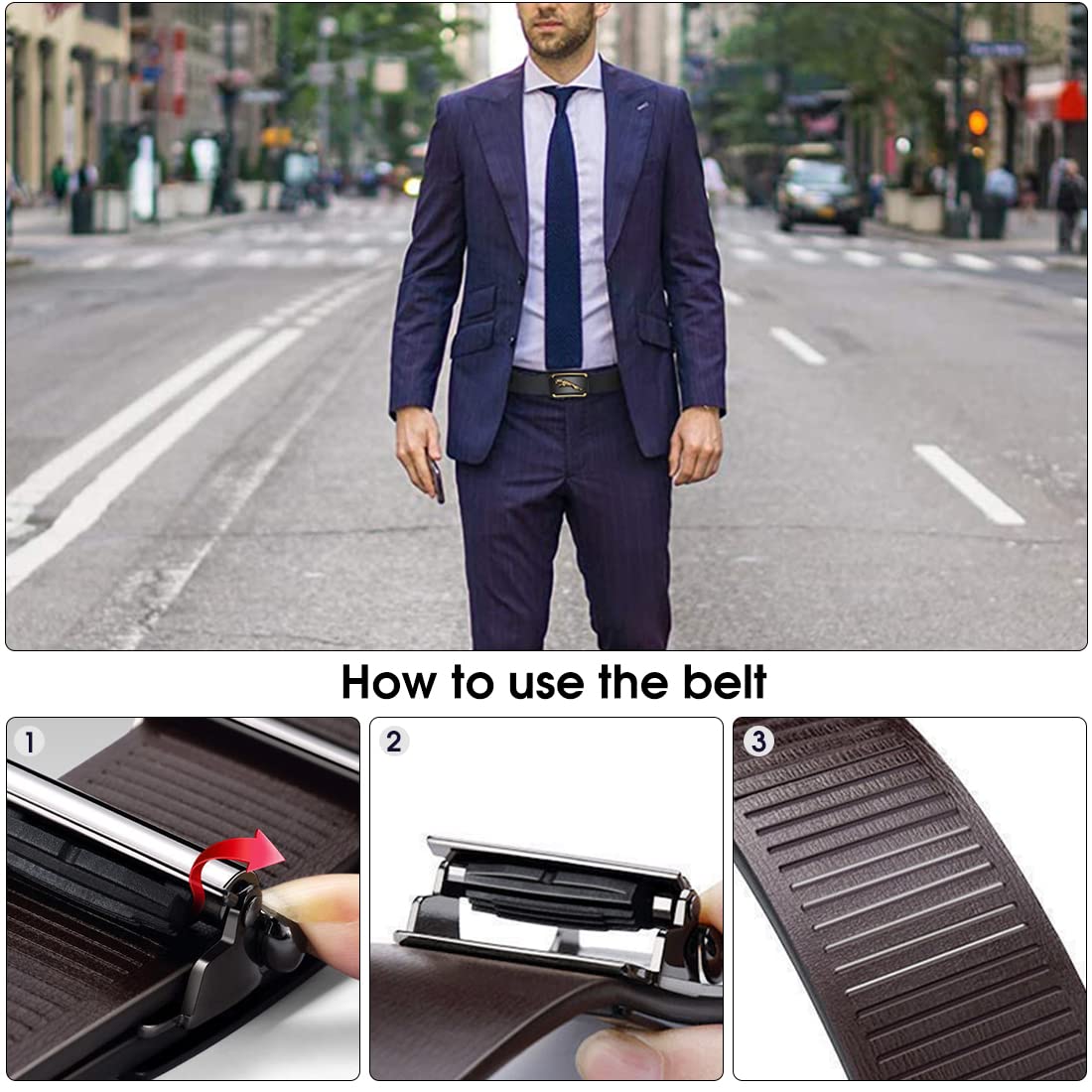 Optifit Leather Adjustable Belt for Men with Auto Lock Buckle and Hidden Tail Design 130cm