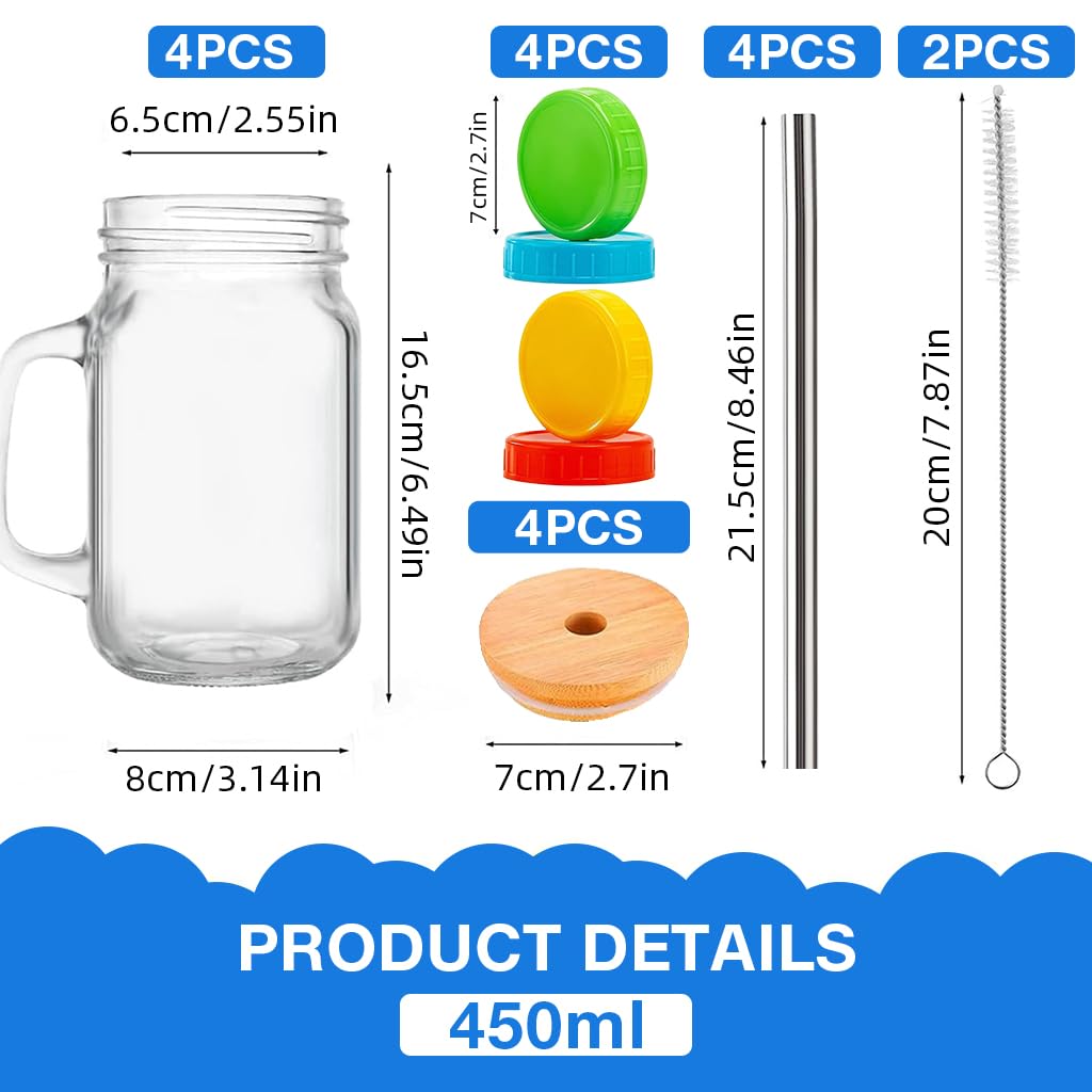 Supvox Glass Drinkware Set for Cold Brew Drinks featuring Dual Lid Options & Handles | 4Pcs 16oz Mason Jar Cups with Wooden and Plastic Lids