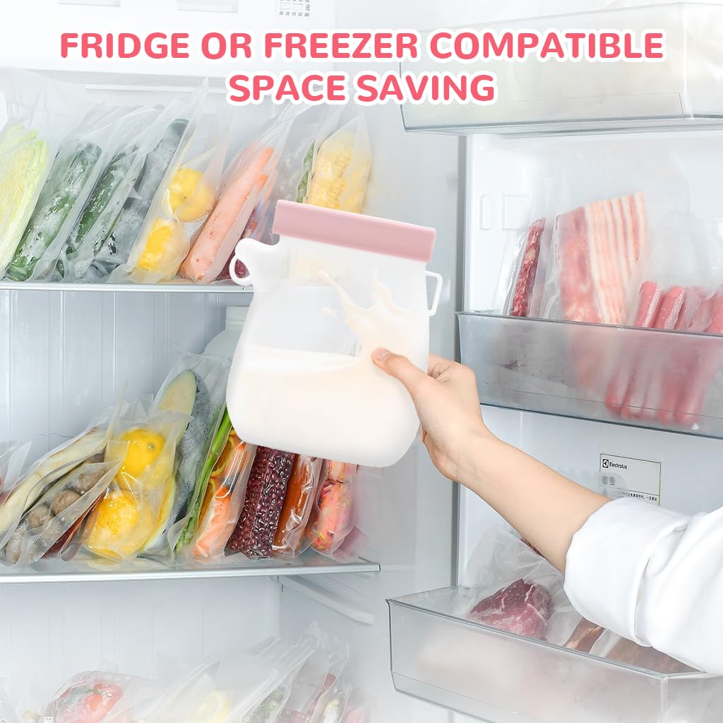 SNOWIE SOFT Breast Milk Storage Bags 320 ml for Baby Feeding with Double Seal Nozzle | BPA-Free Silicone Pink Set