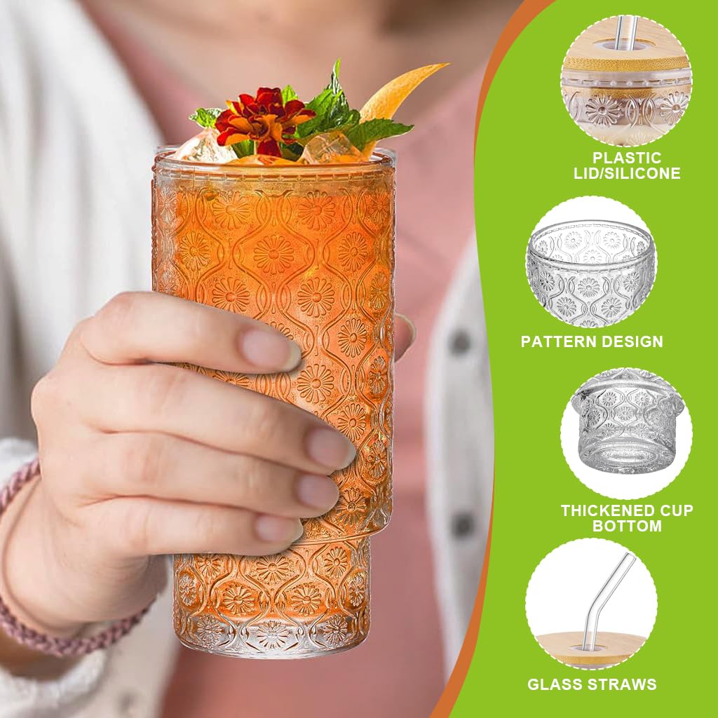 Supvox Drinking Glasses 11oz Set of 4 with Wooden Lids and Bent Straws | Vintage Textured Clear Design