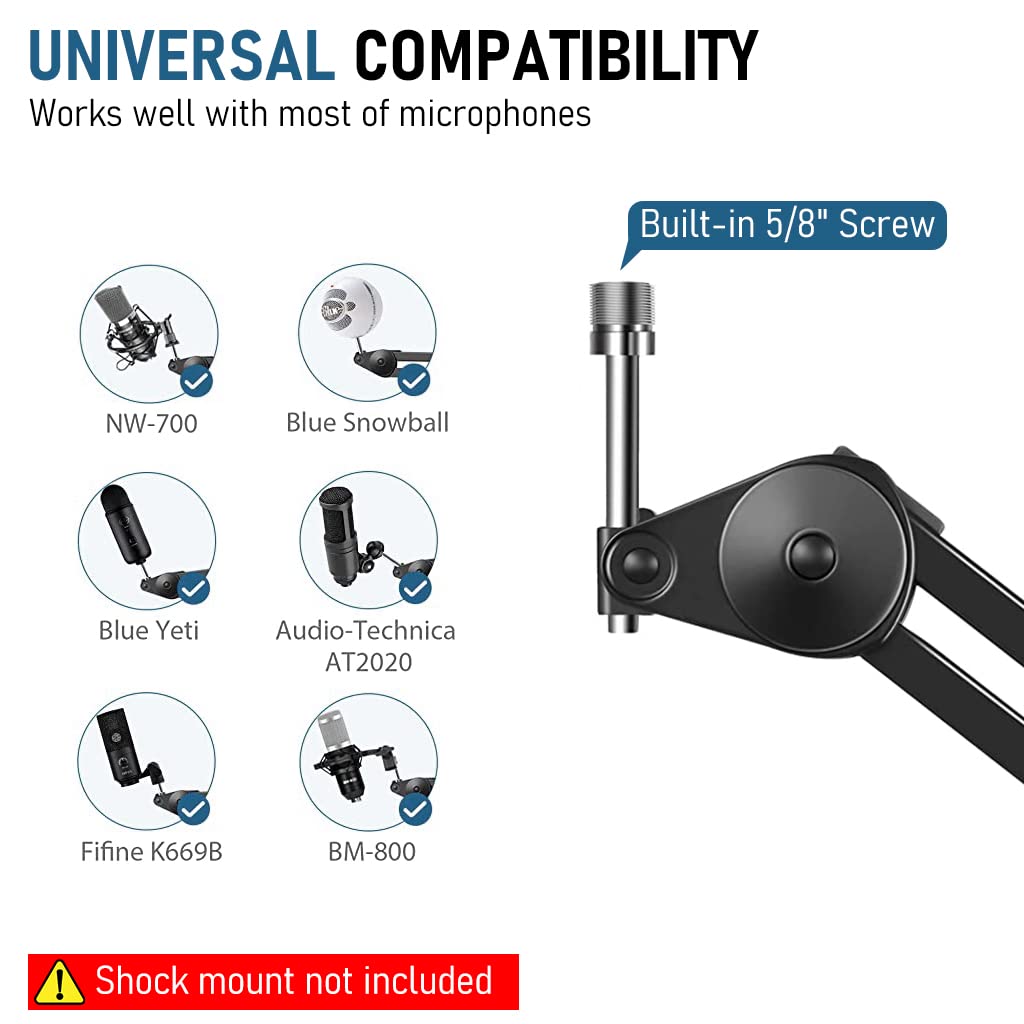 Zeitel Desk Microphone Boom Stand for Streaming and Recording with Dual-Section Arm | Steel Heavy-Duty Clamp Holds Up to 3.5 lb