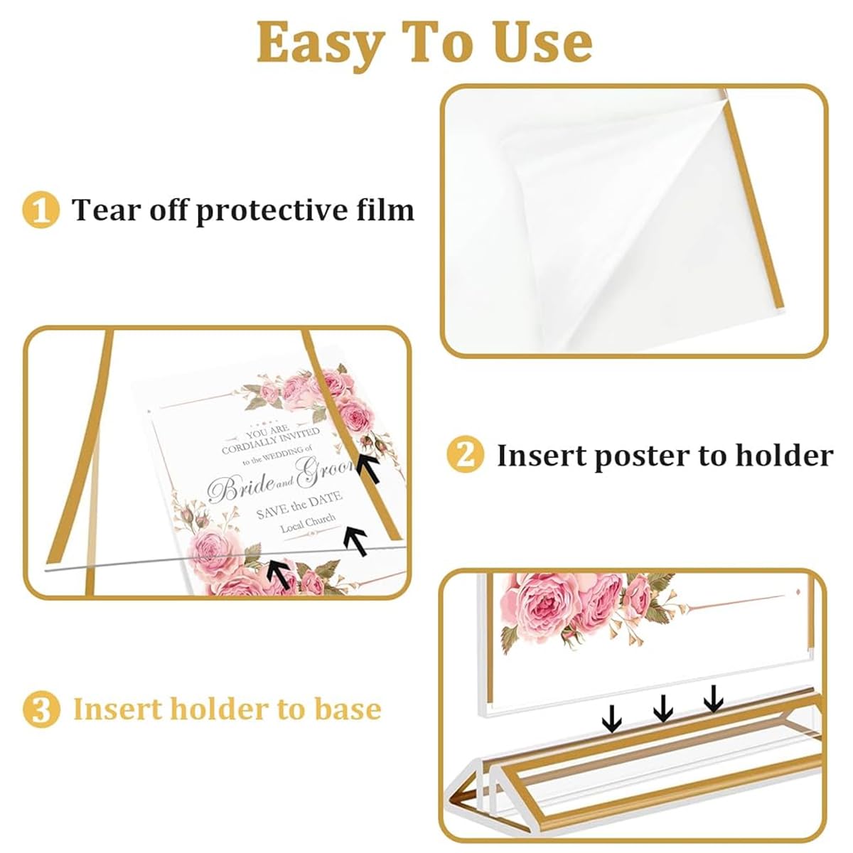 Climberty Acrylic Gold Sign Holder for Restaurant Menus and Office Displays | 4 Pack A4 Double Sided Clear Stand