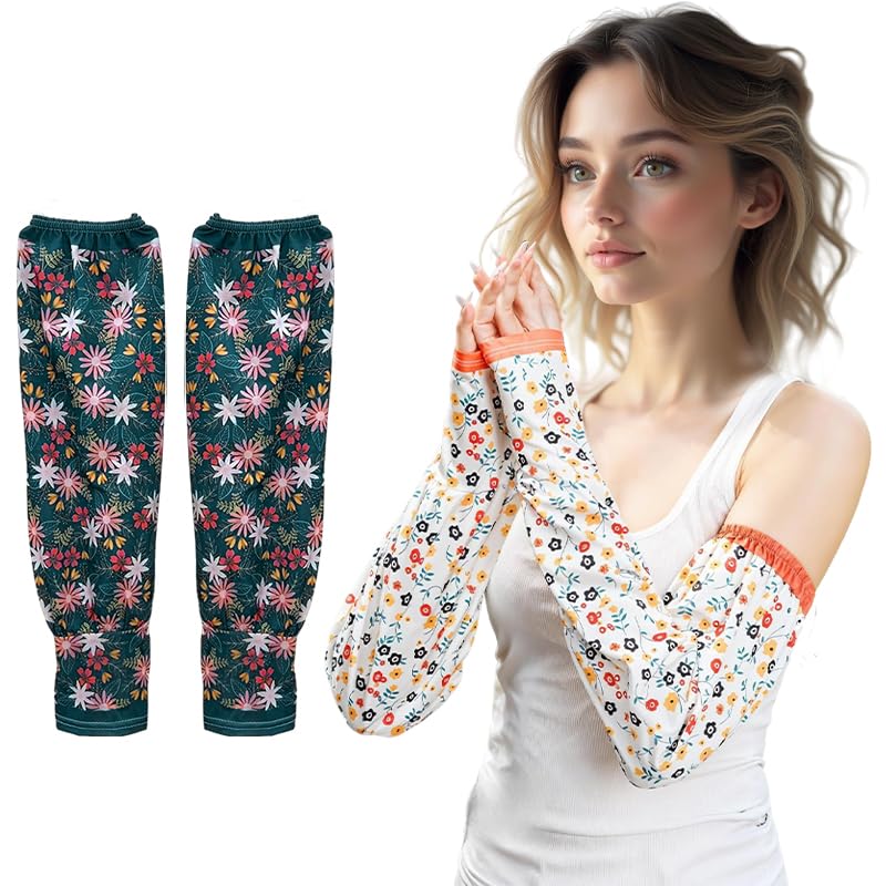 SANNIDHI® 2 Pairs Outdoor Arm Sleeves for Women Ice Silk Cotton Polyester Loose-fit Arm Sleeves with Thumb Hole Elastic Cuff Design Stylish Sun Protection Arm Sleeves for Gardening, Driving, Riding