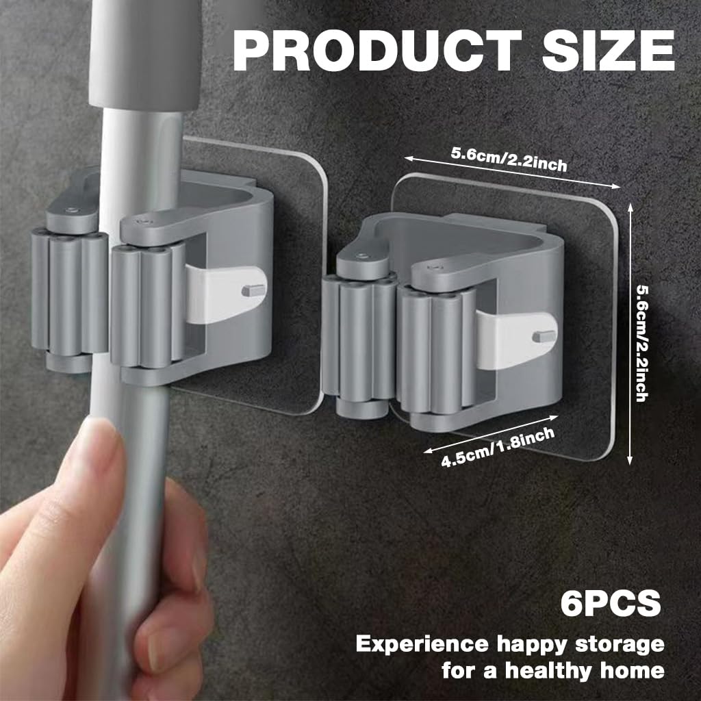 HASTHIP Mop and Broom Holders for Wall Storage featuring Pull In Roller Grip | Pack of 6