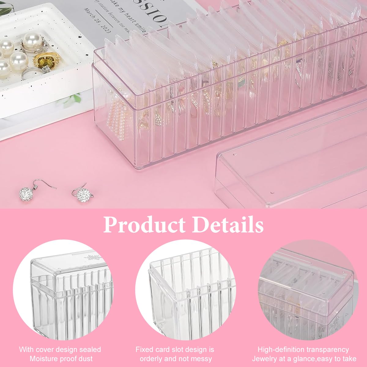 MAYCREATE Jewellery Organisers Box for Travel with 40 Anti Tarnish PVC Pouches | Acrylic Storage Case for Women