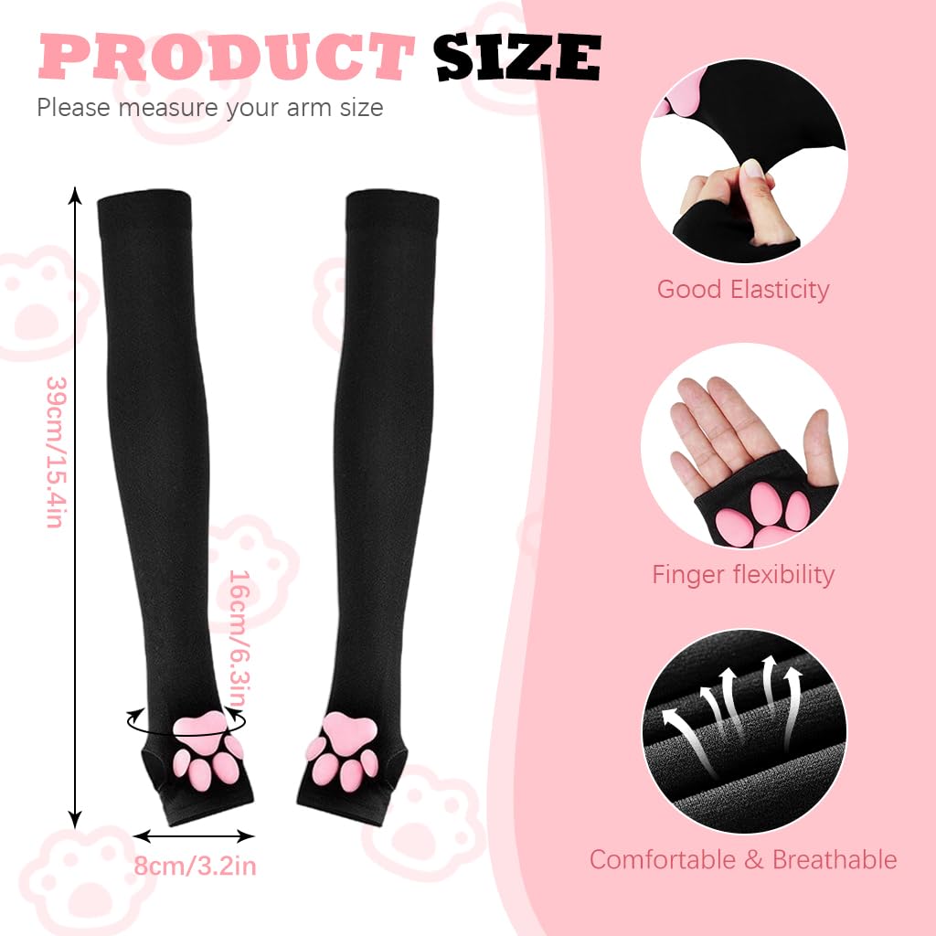 Venzina® 1 Pair Arm Sleeves for Girls Kawaii Cat Paw Arm Sleeves for Girls Pink Cat Paw Design Arm Sleeves for Girls Fingerless Summer Sun Protection Arm Sleeve