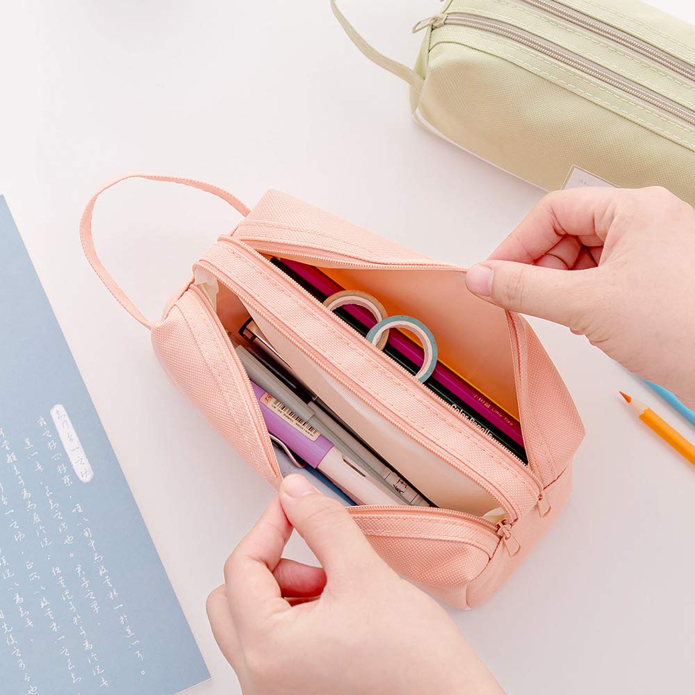 HASTHIP Canvas Large Pencil Case for Girls with Double Zipper and Handle 21x8x8 cm | Pink Storage Bag