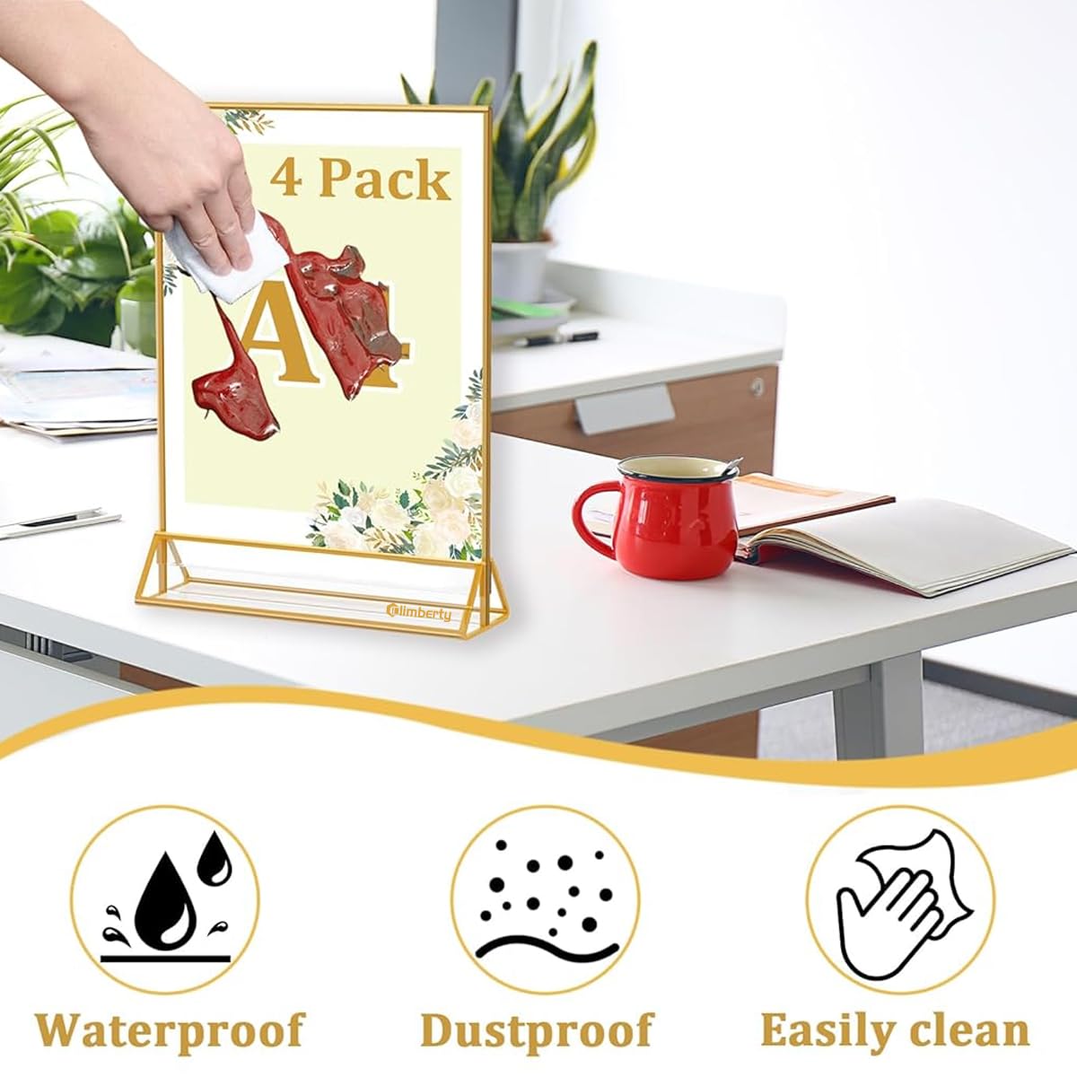 Climberty Acrylic Gold Sign Holder for Restaurant Menus and Office Displays | 4 Pack A4 Double Sided Clear Stand