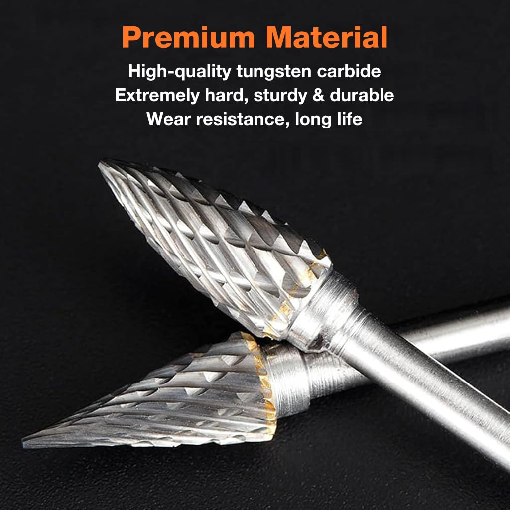 Serplex® Tungsten Carbide Rotary Burr Set for Dremel, 10pcs Carbide Double Cut Carving Burr Bits with 1/8