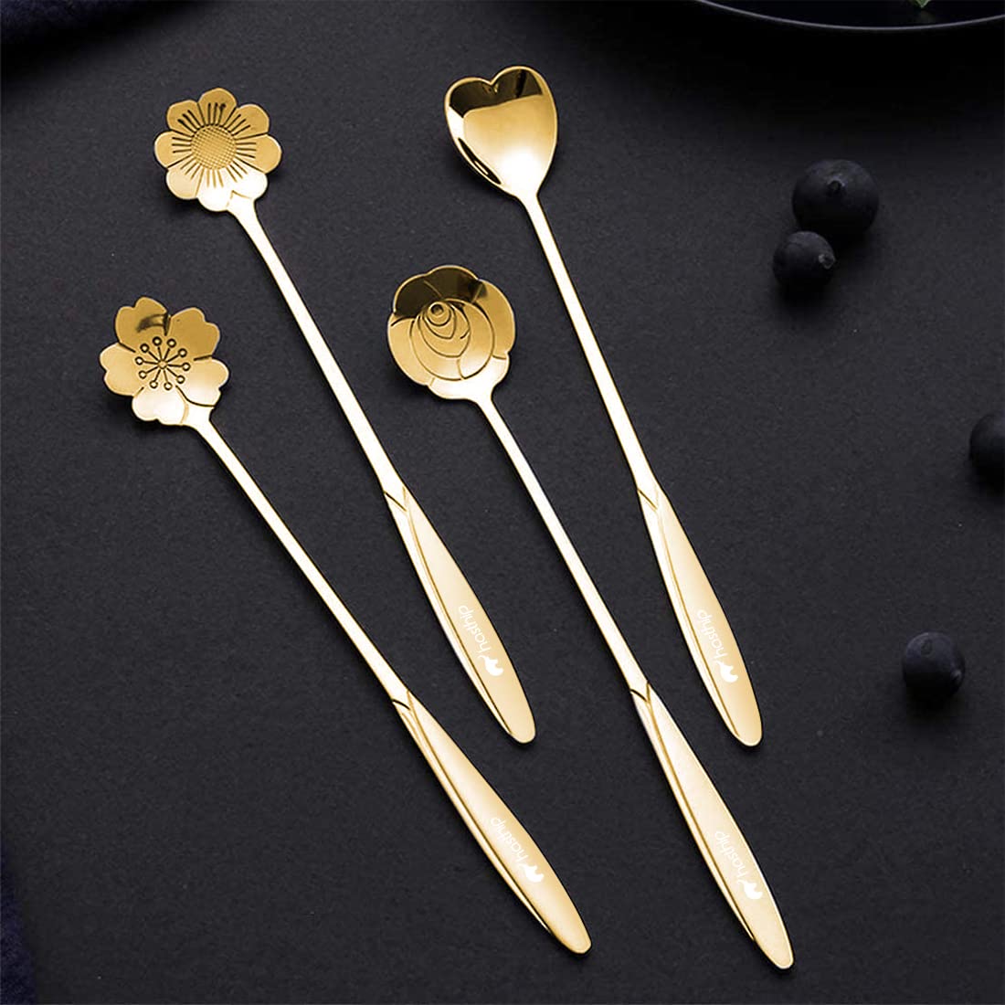 HASTHIP  Golden Spoon Set/Coffee Spoon/Dessert Spoon/Cutlery Kitchen Tableware/Stainless Steel Gold Flower Shape Coffee Spoon with Package Bag, 18cm, 4 Pcs Different Coffee Spoon