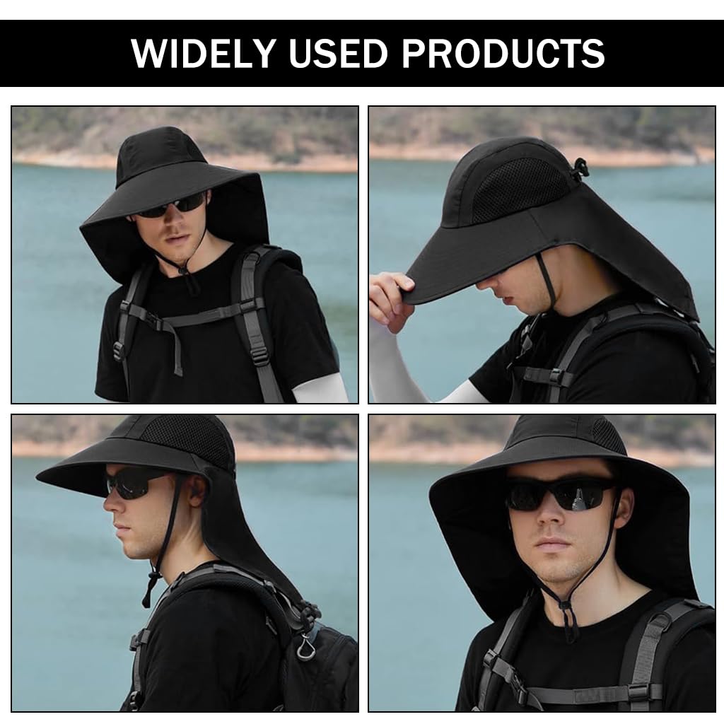 GUSTAVE Sun Hat for Hiking and Gardening with Wide Brim and Neck Flap UPF 50+ | Breathable Quick-Dry Polyester Adjustable Fit Black