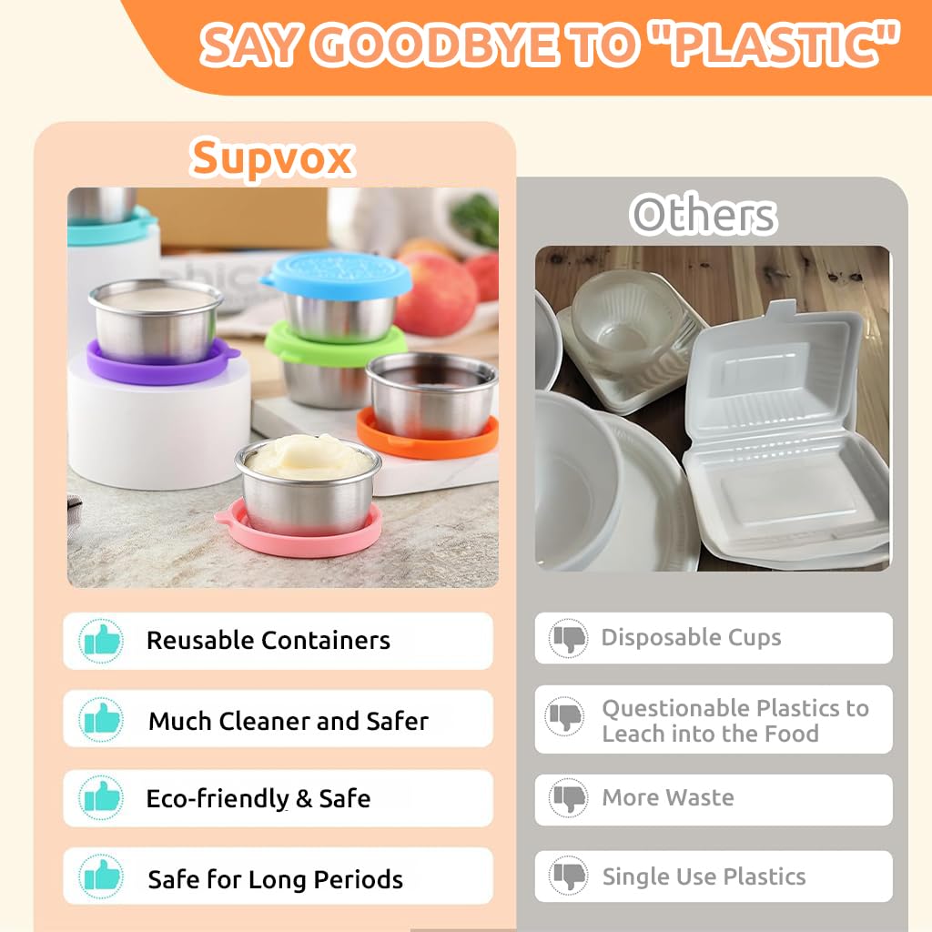 Supvox® 6Pcs Reusebale Salad Dressing Jar 40ml Salad Dressing Jar with Color Silicone Leakproof Lids Food-grade Stainless Steel Sauce Containers Salad Dressing Container for Lunch Box, Picnic