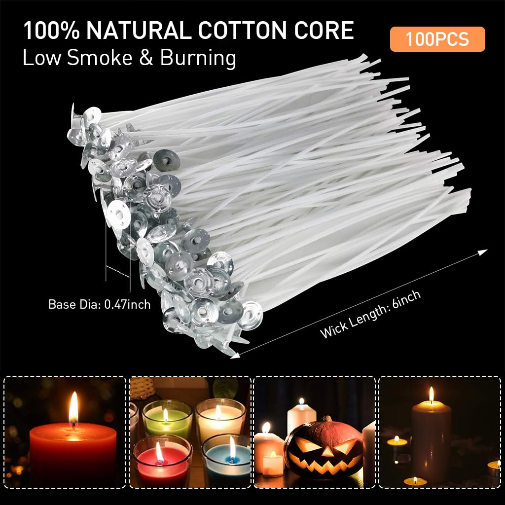 HASTHIP DIY Candle Making Tool Kit with 100 pcs 6 in Wicks and 10 Wooden Holders | 60 Wick Stickers for Scented Candles