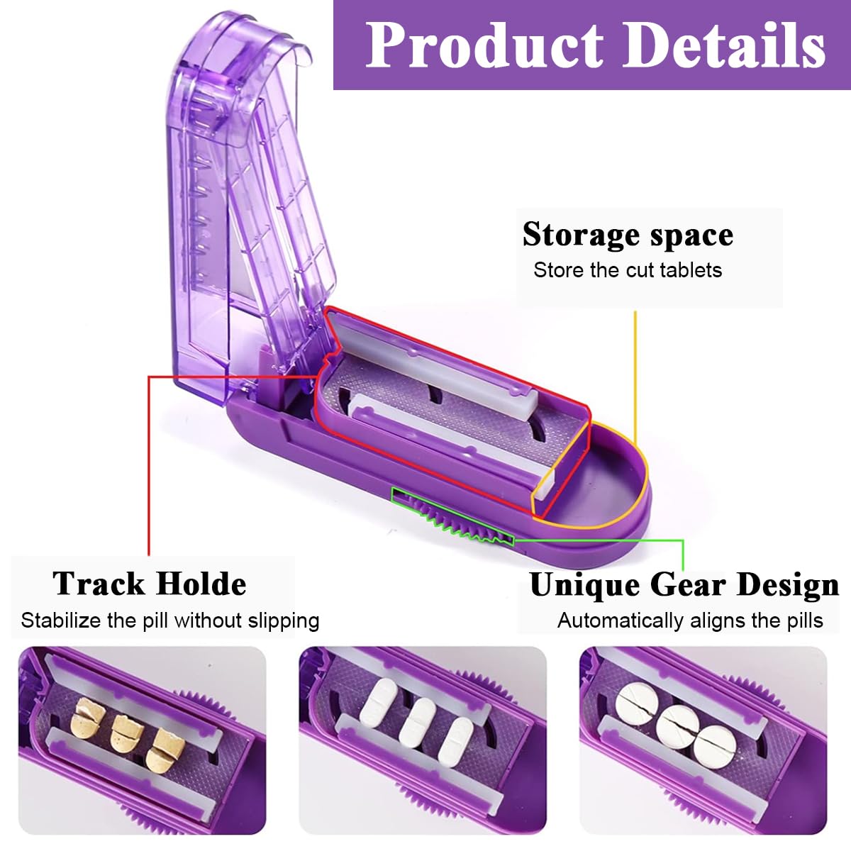 HANNEA® Multiple Pill Splitter, Adjustable Pill Splitter Cutter with Accurate Pill Alignment, Stainless Steel Cutting Blade and Blade Guard for Multi Tablets, Vitamins, Purple