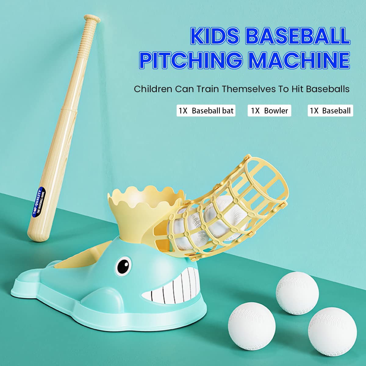 PATPAT® Bat Ball for Kids with Pitching Machine, Stepping-on Pitching Machine Bat Ball Kit for Kids 4+ Year Self Train, Baseball Train Set with Bat and Ball, Outdoor Toys for Kids Pitcher Game(Blue)