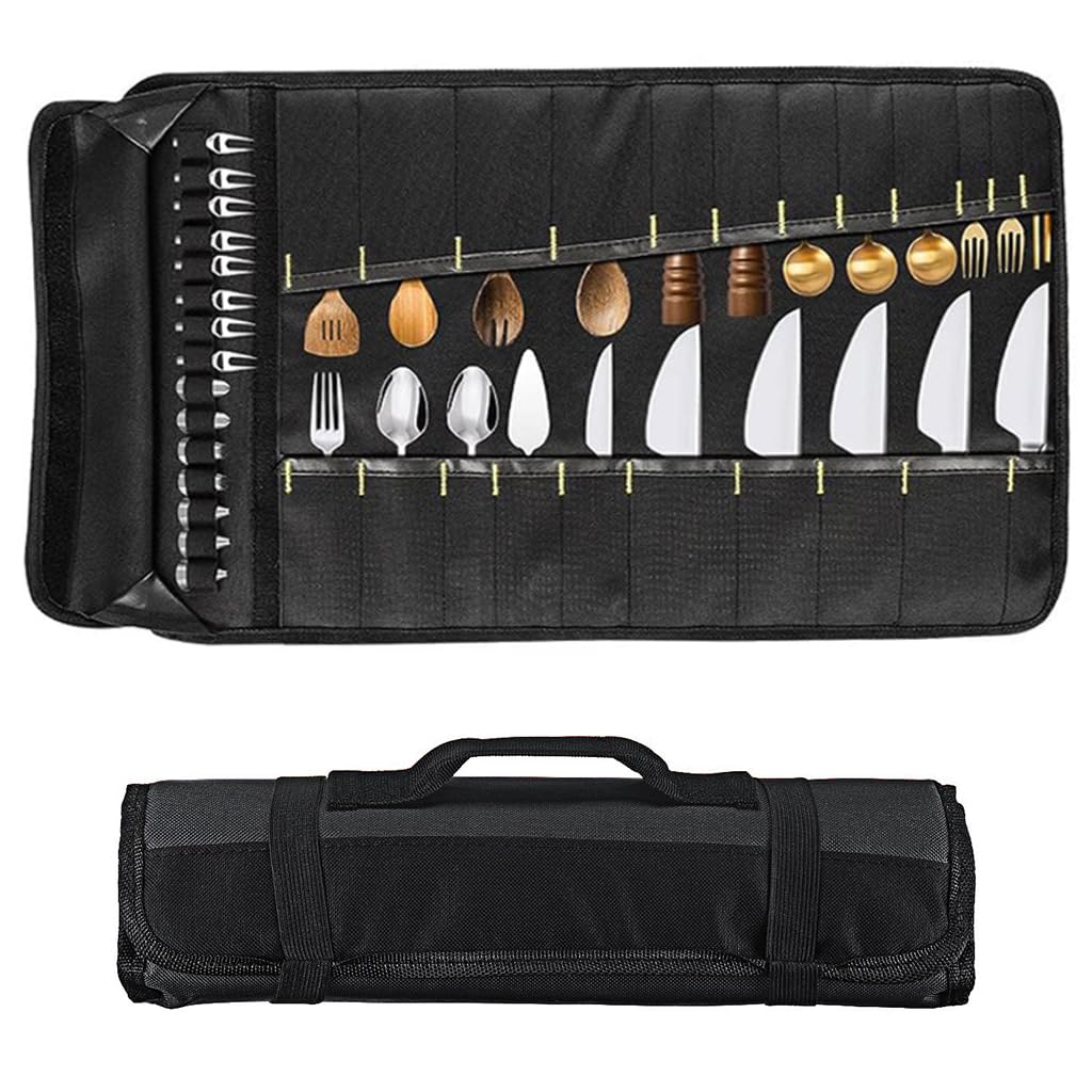 ZIBUYU® Kitchen Cutlery Organizer Bag with 22 Slots Professional Chef Knife Roll Bag Anti Scratch Oxford Cloth Portable Traveling Cutlery Bag Professional Chef Accessories - Black