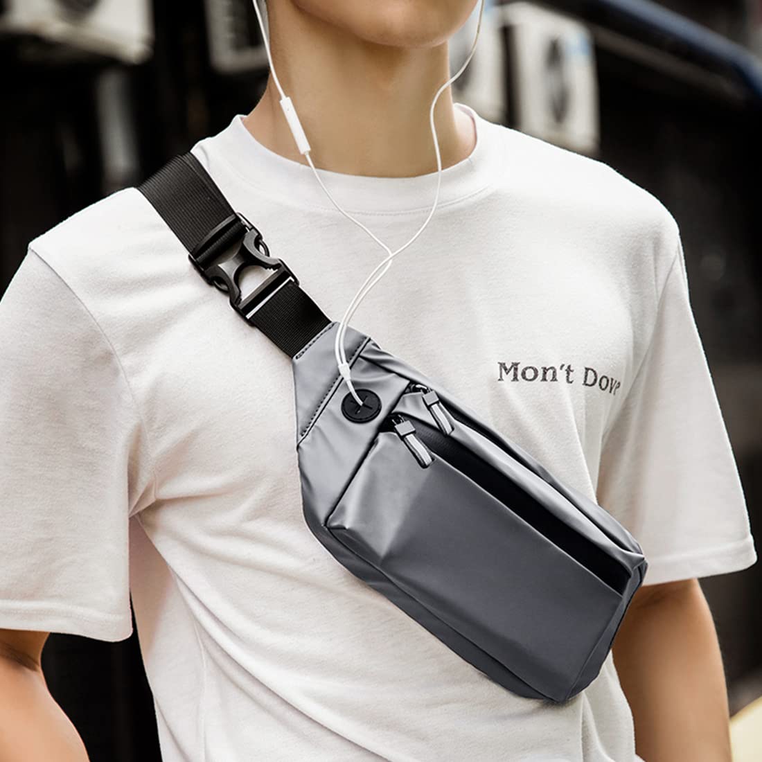 GUSTAVE Fanny Waist Bag for Travel with 2 Pockets and Earphone Cable Port | Gray PU