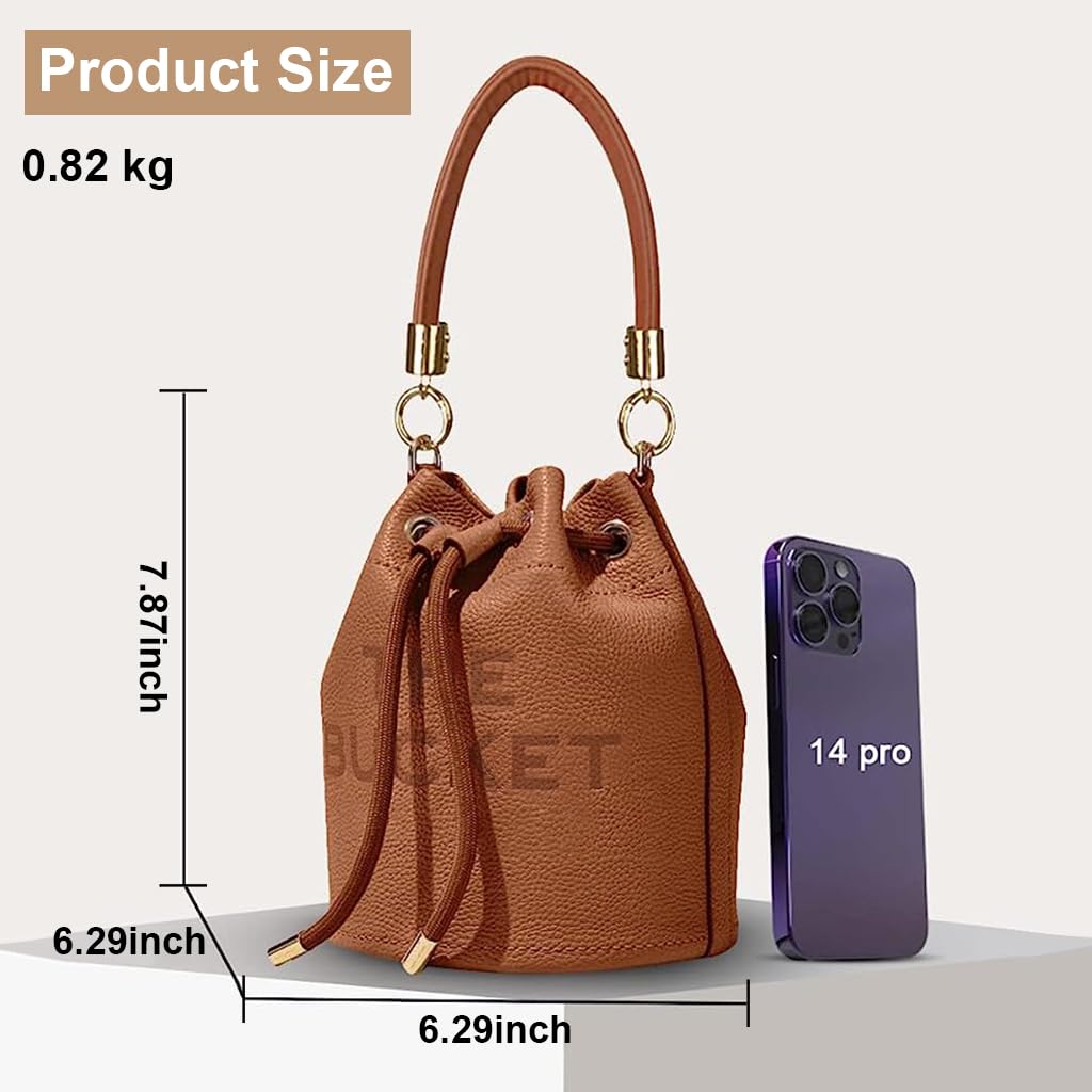 PALAY Bucket Bag for Women featuring 18×18×20cm size with detachable 120cm strap | Brown PU crossbody handbag