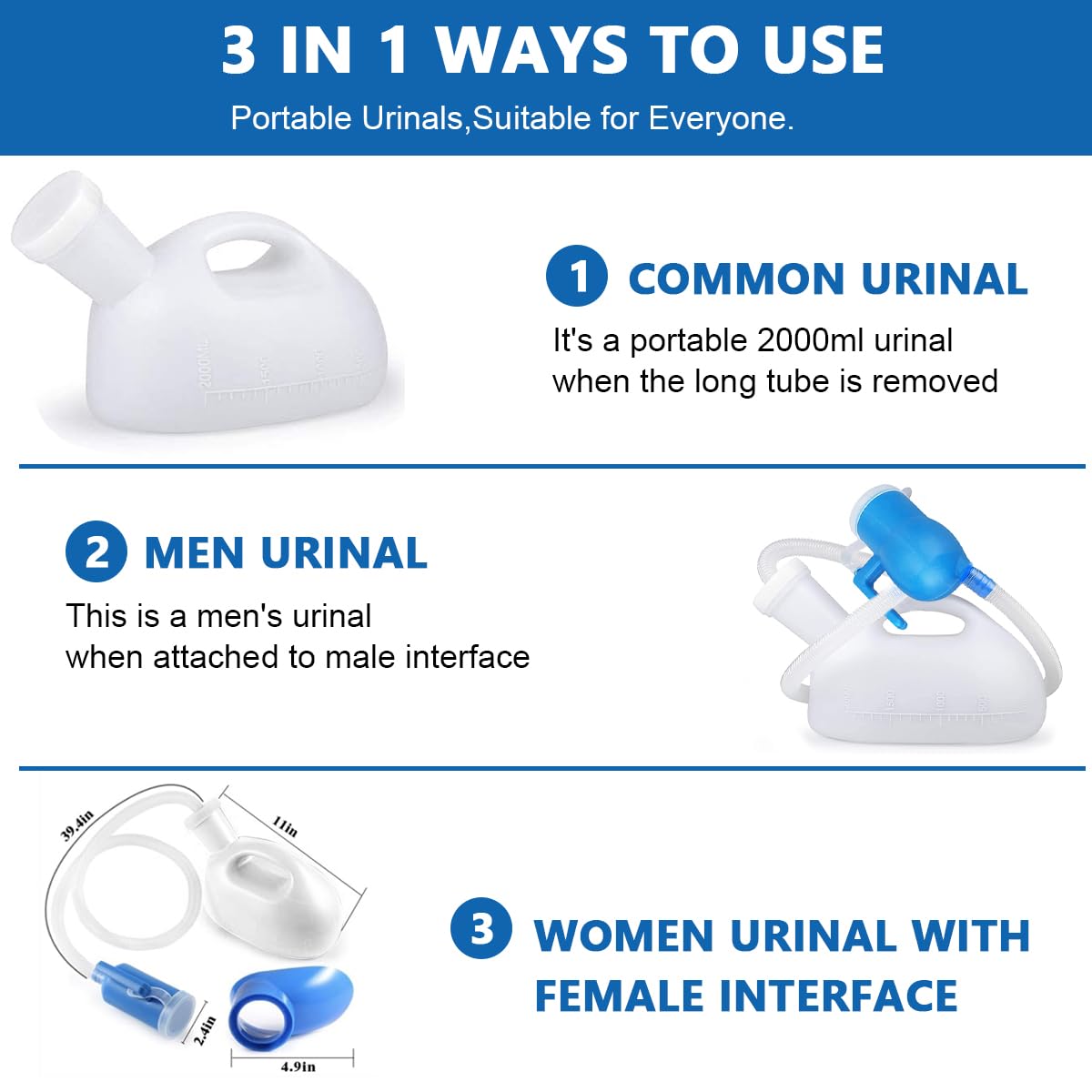 HANNEA Urine Collector for Men with 2000ml Capacity and 5.2ft Tube | Leakproof Reusable Travel Urinal