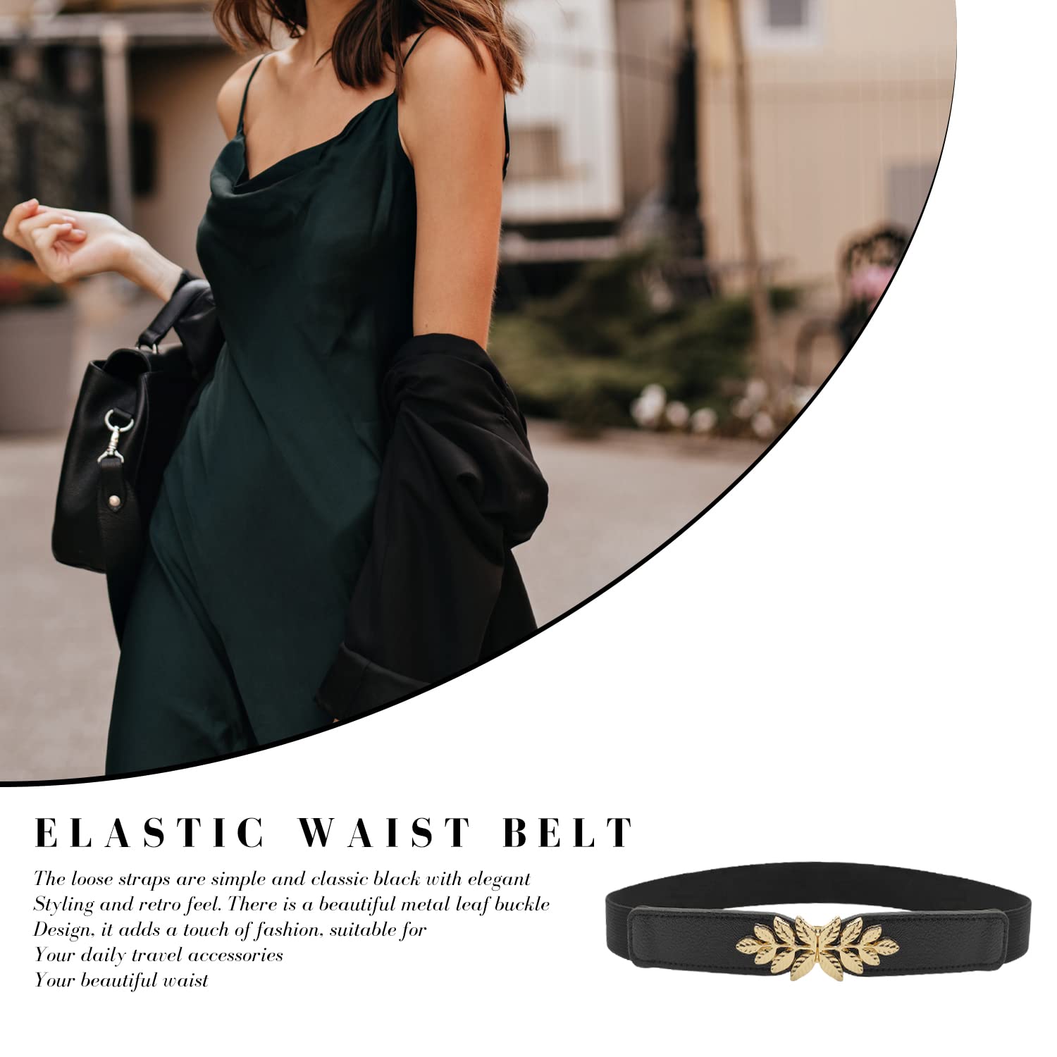 ZIBUYU Waist Belt for Women with Leaf Metal Interlock Buckle Adjustable 25–34 in Fit | Black Stretchy PU and Nylon Design