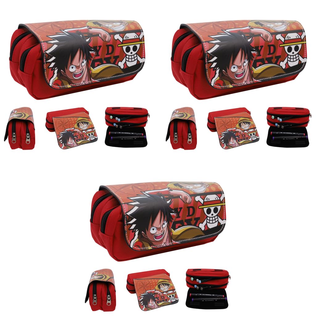 Fancyku Polyester One Piece Pencil Case for Students with Luffy Cartoon Print | 3PCS Set