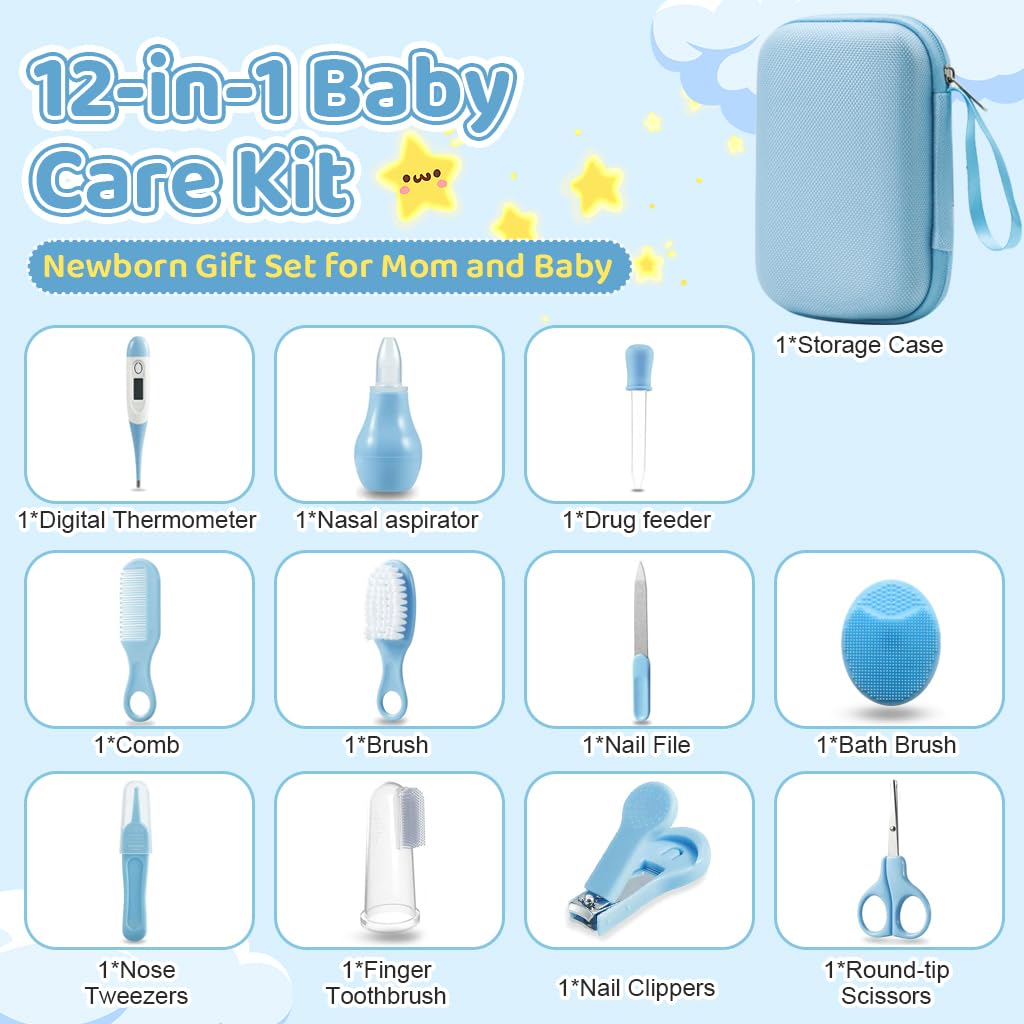 SNOWIE SOFT® Baby Medicine Dispensers Baby Grooming Tool Kit with Travel Case Set of 12Pcs Baby Medicine Dropper Nasal Suction Device Baby Nail Clippers Nasal Aspirator for Newborns