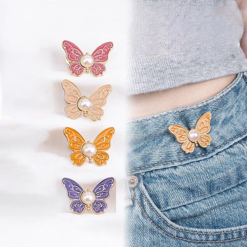 SANNIDHI® 4 Pairs Jeans Tightening Clips, Butterfly Jean Adjustable Pins, Waist Tightener Adjustable Buttons, Instant Waist Clips Decorative Buckles for Jeans, Skirt