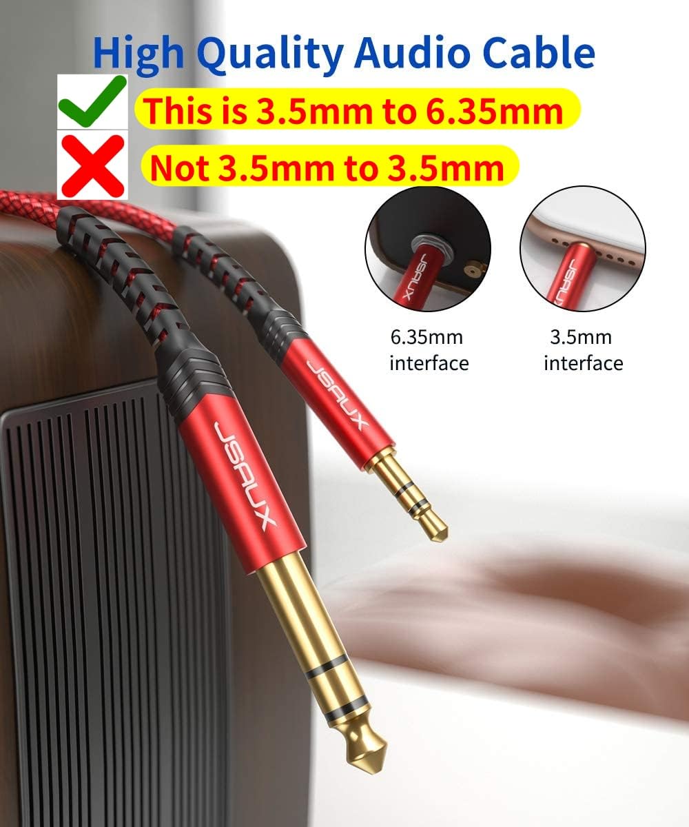 JSAUX 3.5mm to 6.35mm Stereo Audio Cable for Guitar and Amplifiers featuring 24k Gold-Plated Connectors and Nylon Braid 3.9ft | Hi-Fi Sound Connection