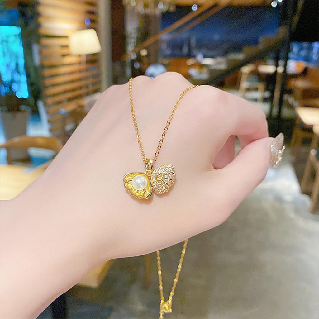 Zibuyu Oyster Pearl Necklace for Women with Openable Seashell Pendant and Rhinestones | Elegant Gift Jewelry