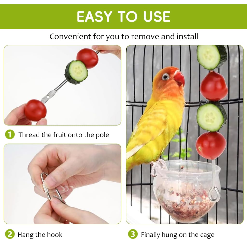 Qpets® Bird Cage Hanging Fruit Skewer, Pet Birds Parrots Fruit Skewer with Carabiner, Food-Grade Stainless Steel Fruit Skewer Bird Kebab Skewer for Pecking, Nibbling