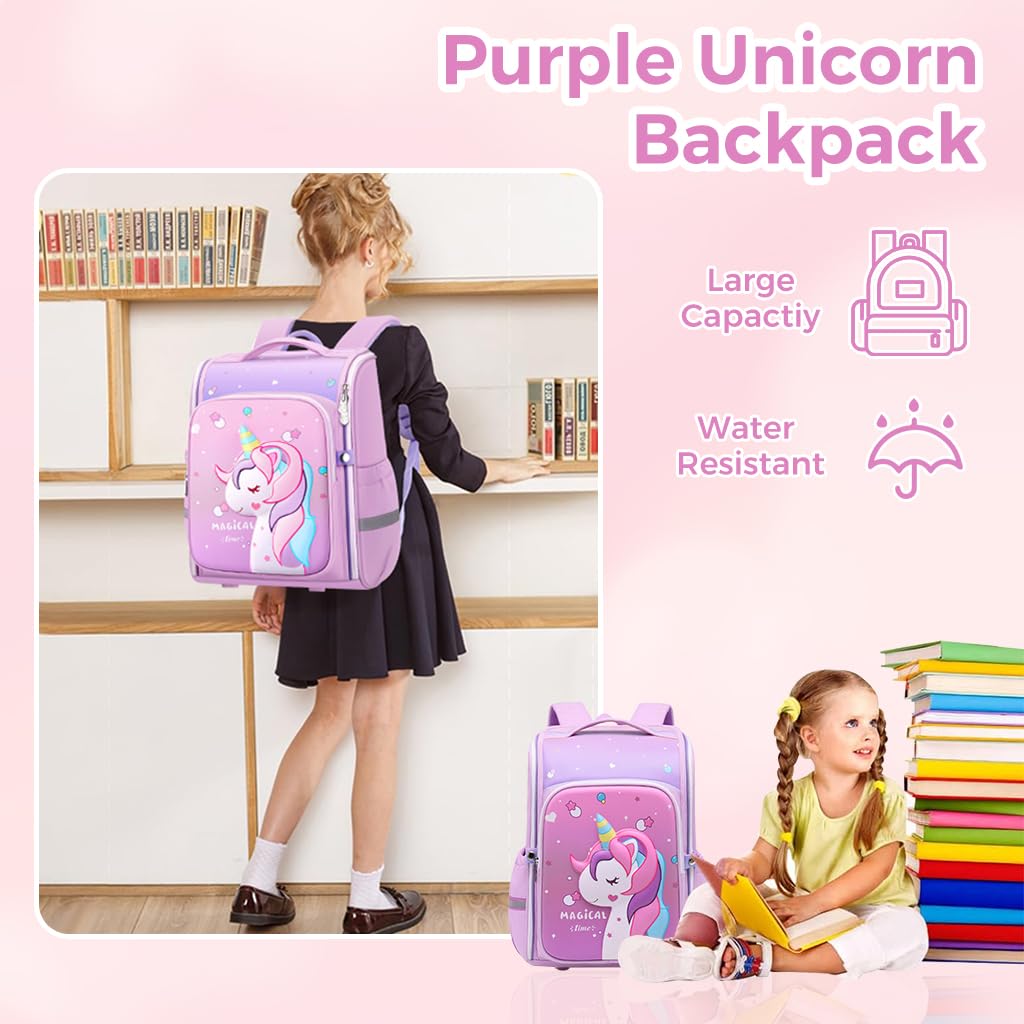 PALAY® Unicorn Backpack for Kids Girls Stylish Durable Water-Resistant Backpack Shoulder School Bags for Girls Kids 6-12 Years Old Birthday & Rakhi Gift - Purple