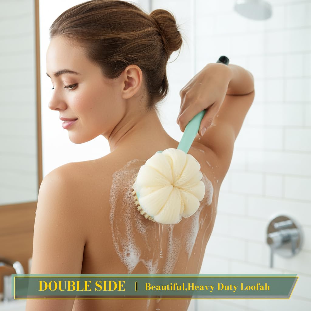 MAYCREATE Bath Back Scrub Brush with Dual Sided Puff and Textured Exfoliating Surface | Ergonomic Long Handle for Women and Men