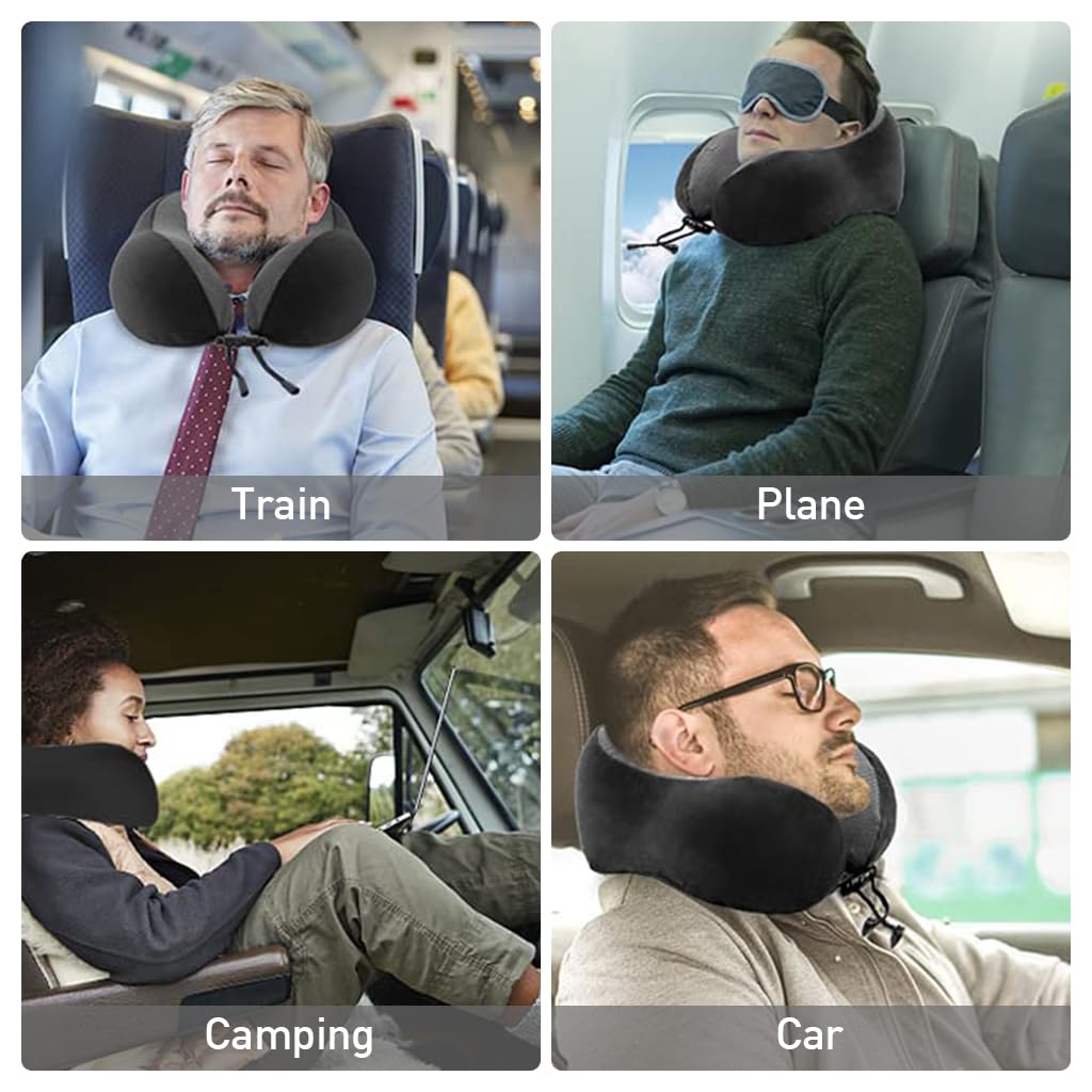 ZIBUYU Memory Foam Neck Pillow Set U-shape Neck Pillow Airplane Travel Sleeping Neck Pillow Set with with Eye Mask, Ear Plugs & Storage Bag