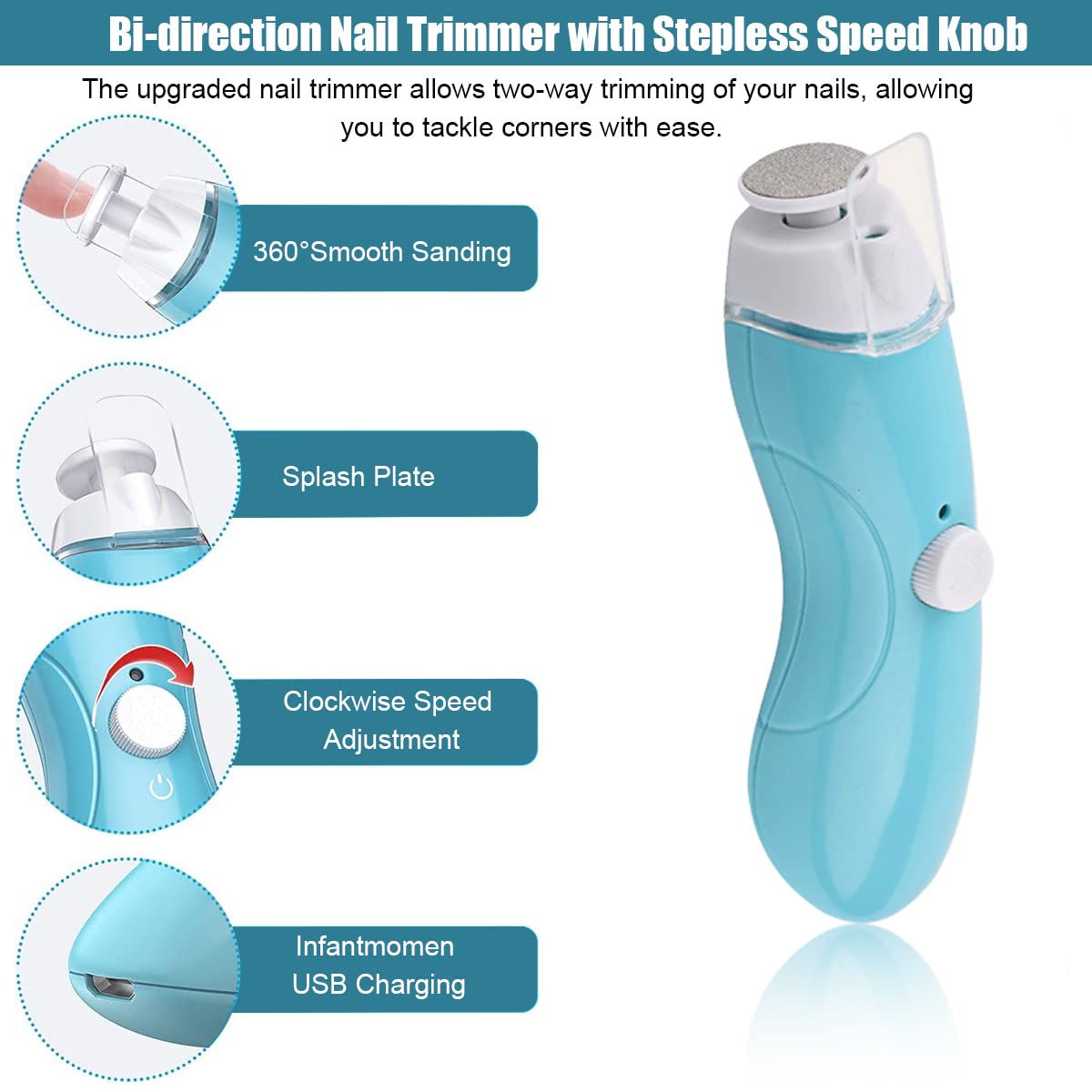 SNOWIE SOFT Rechargeable Nail Trimmer for Baby and Adult with 9 Grinder Bits featuring Bi Directional Speed Control and LED Light