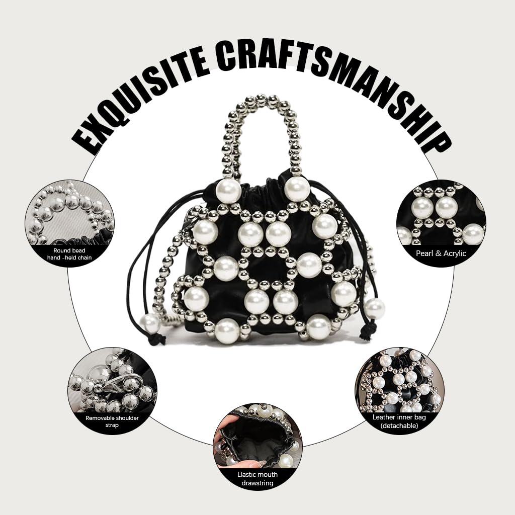 PALAY Small Drawstring Shoulder Bag for Evening and Casual Use with Beaded Chain and White Acrylic Pearl Embellishment 14x16cm