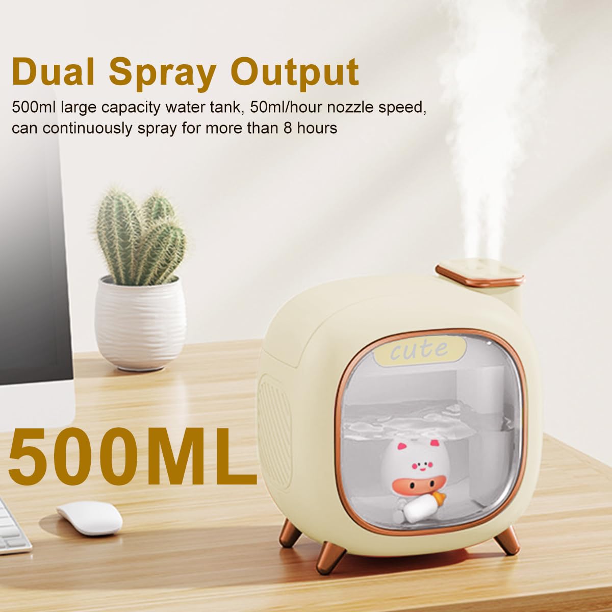 HANNEA® Humidifier for Room with Night Light, 500ml Cartoon Essential Oil Diffuser for Home Fragrance Silent USB Charging Aroma Diffuser Electric Cute Humidifier for Cold and Cough with Auto Shut-Off