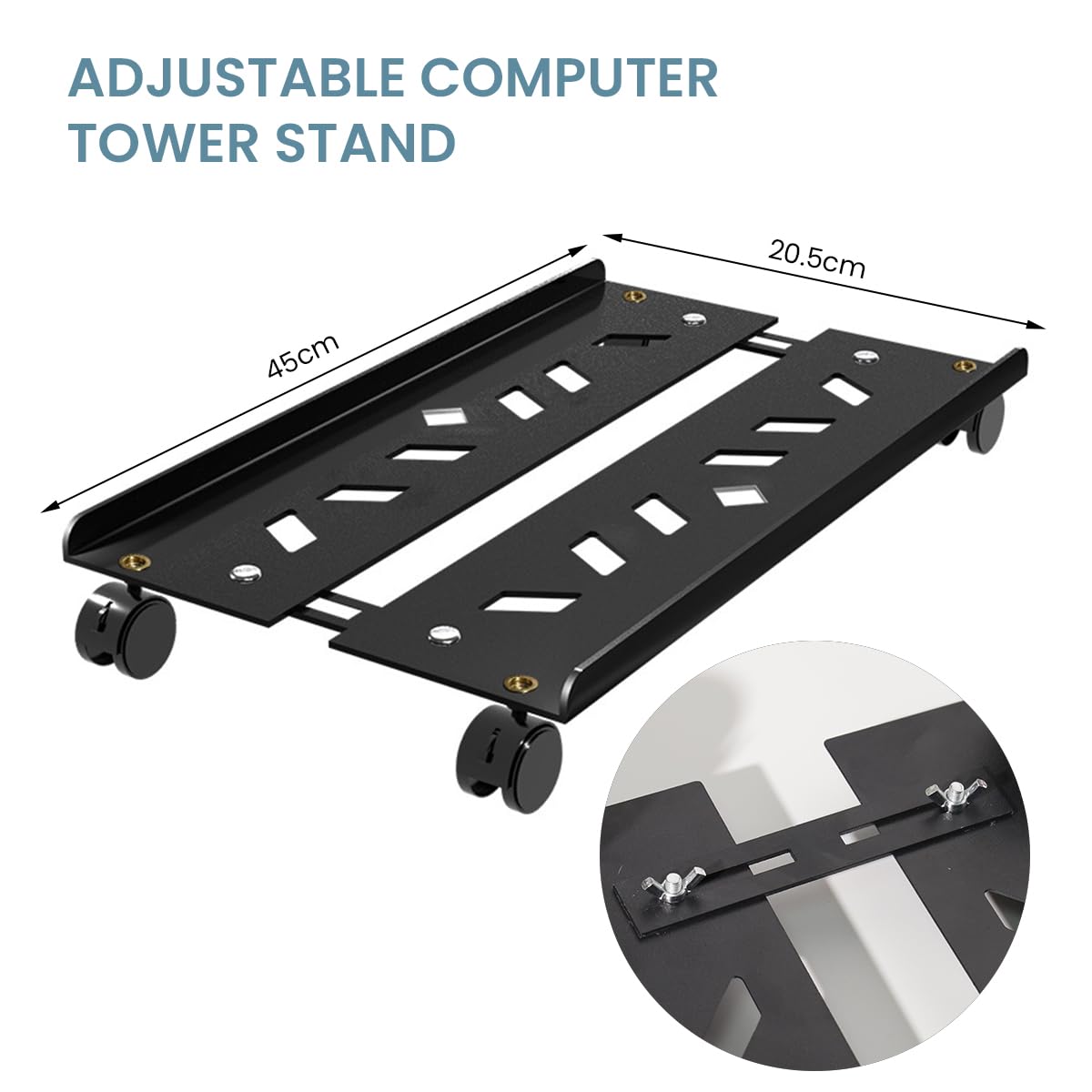 Adjustable Mobile CPU Stand for Home and Office with 4 Lockable Wheels and Ventilated Tray | Carbon Steel Riser Supports 88 lbs