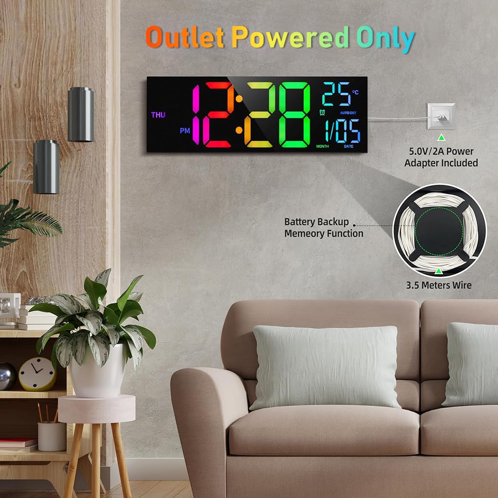HASTHIP LED Digital Wall Clock for Home and Office with Remote Control | 16 inch 8 Color Display
