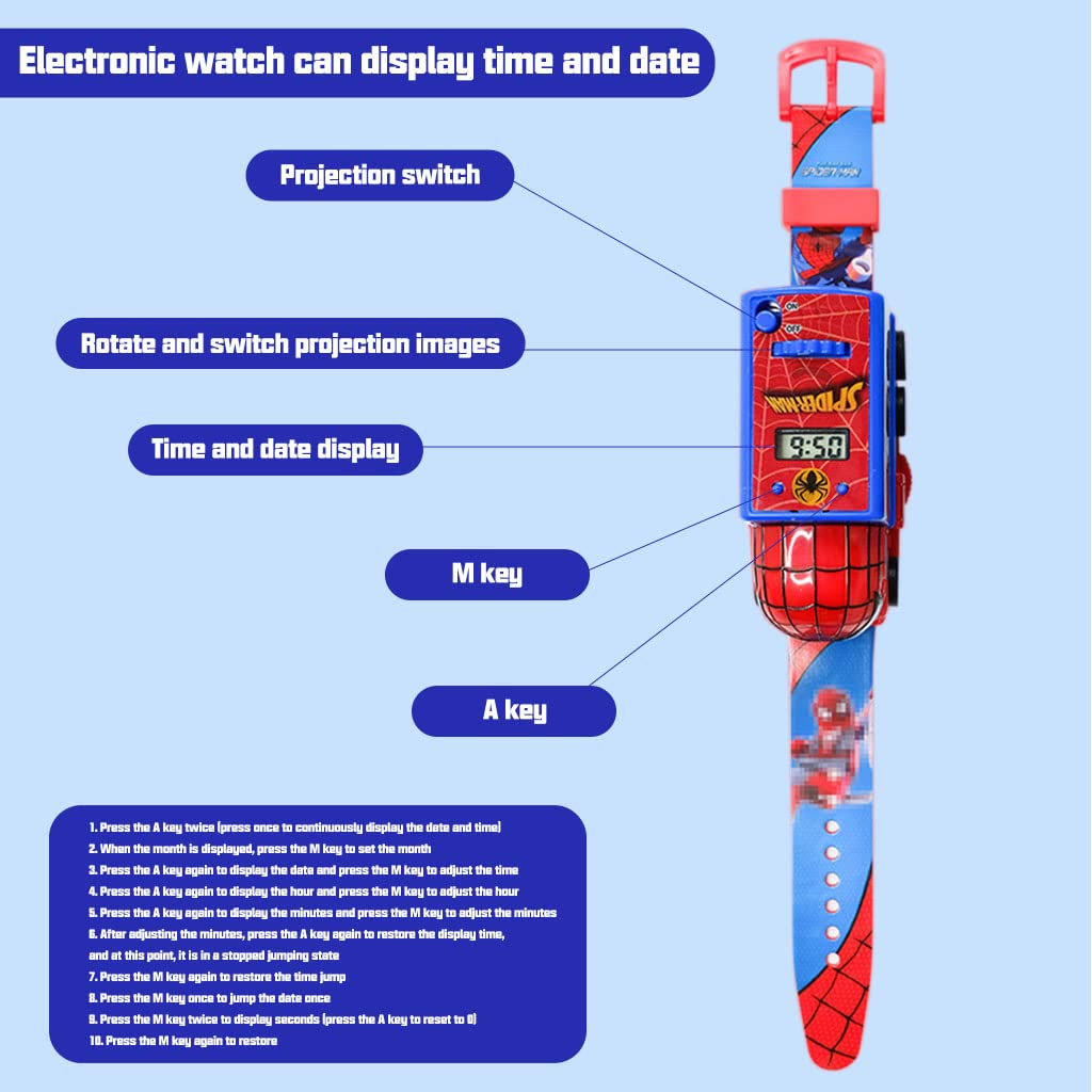 PATPAT Spiderman Watch for Kids with 7×4×3 cm Pull Back Car and 6 Image Projector | Digital Wrist Toy