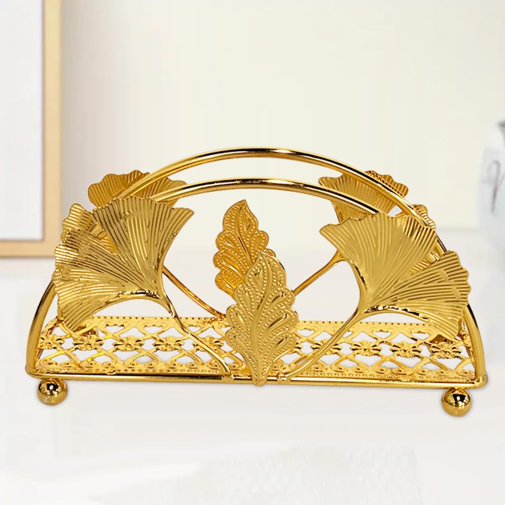 HASTHIP Napkin Holder for Dining Table with Elevated Base Design 13x3x6.5cm | Golden Ginkgo Leaf Metal Ornament