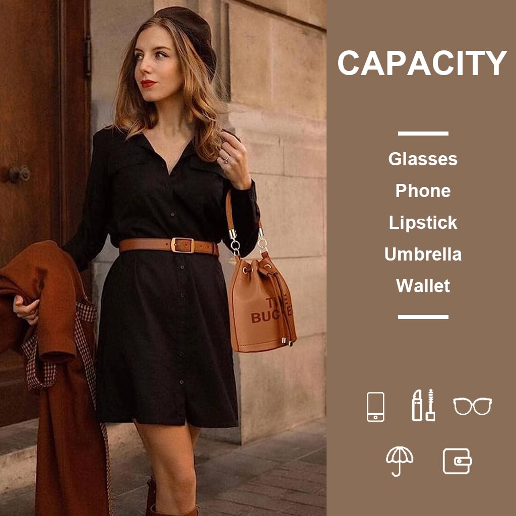 PALAY Bucket Bag for Women featuring 18×18×20cm size with detachable 120cm strap | Brown PU crossbody handbag