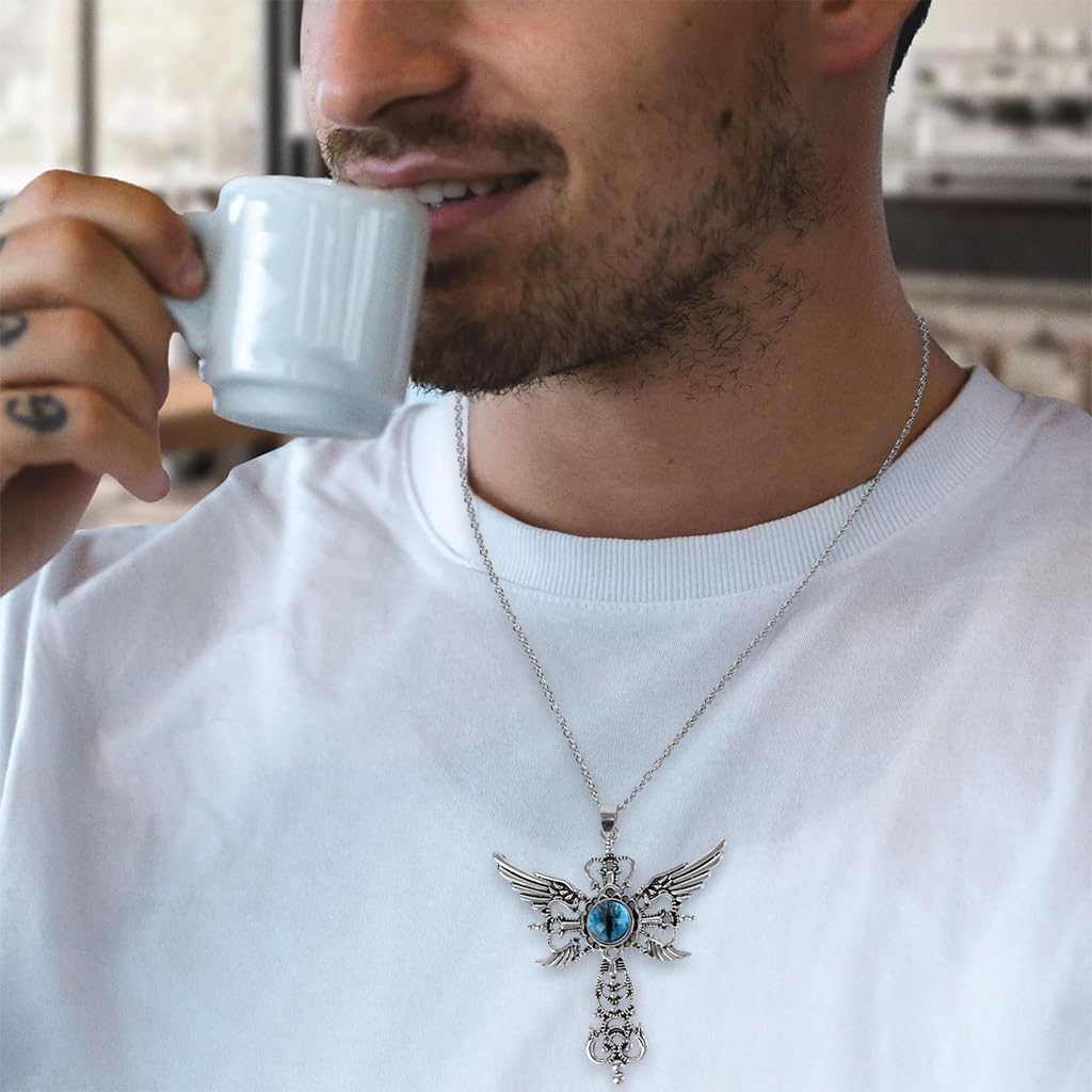 GUSTAVE Necklace for Men with Gothic Cross Pendant and Blue Evil Eye Stone | Silver-Tone Alloy