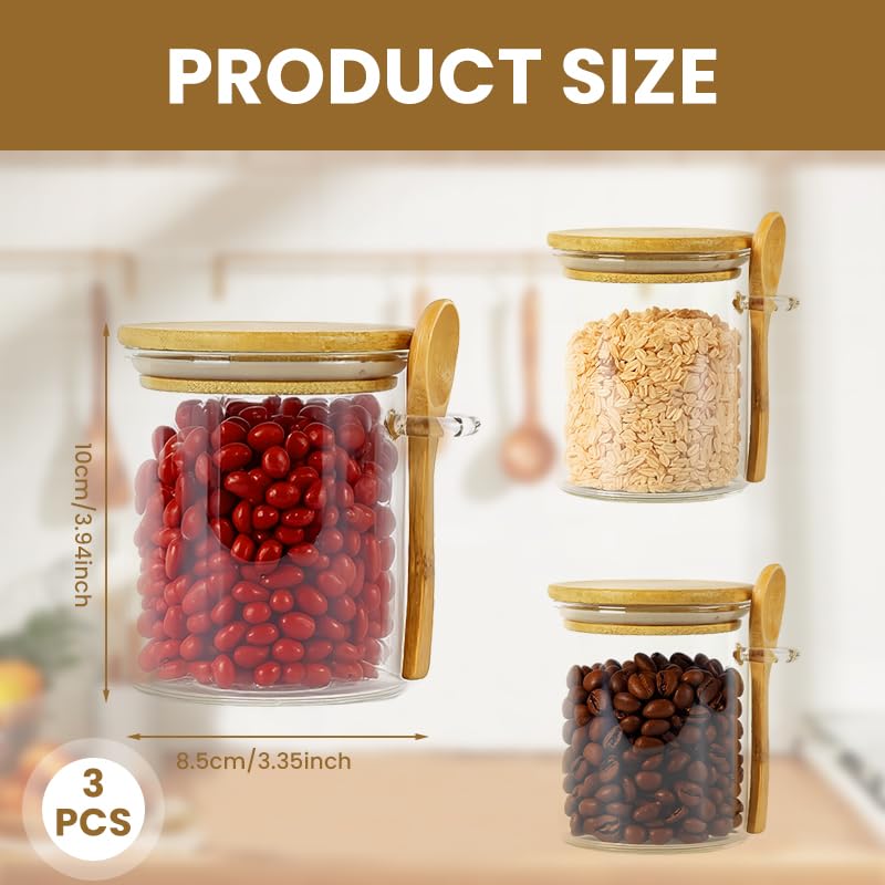 Supvox Glass Spice Jars for Kitchen Storage with Airtight Wooden Lids & Spoons 450ml Pack of 3