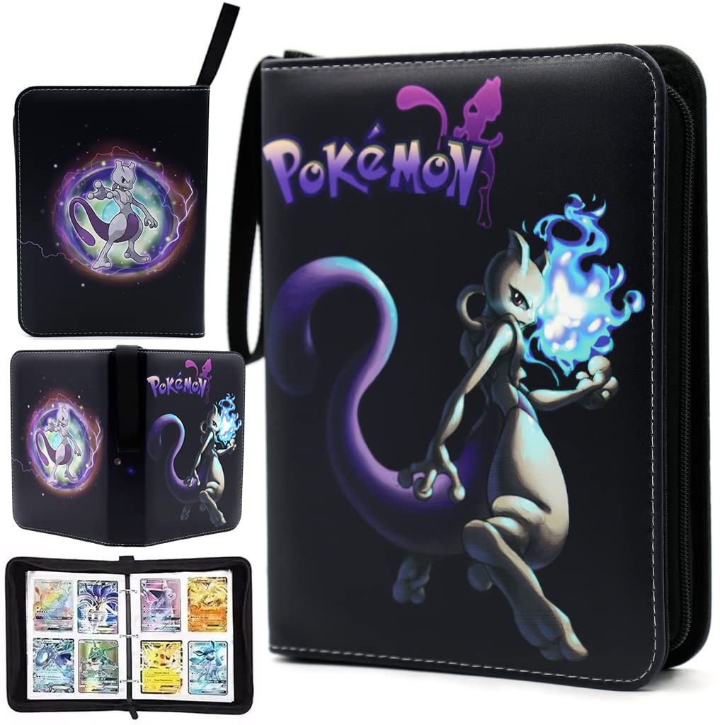 PATPAT® Poke-mon Binder, Poke-mon Cards Album for 400 Poke-mon Cards Cartoon Prints Zipper Bag Trading Card Binder Poke-mon Collection Cards Pack Bag Game Cards Case Gift for Kids - Mewtwo