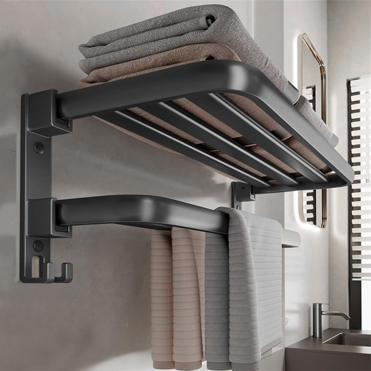 HASTHIP Aluminum Folding Towel Rack for Bathroom with Dual Layer 23.6 in Shelf | Matte Black Organizer