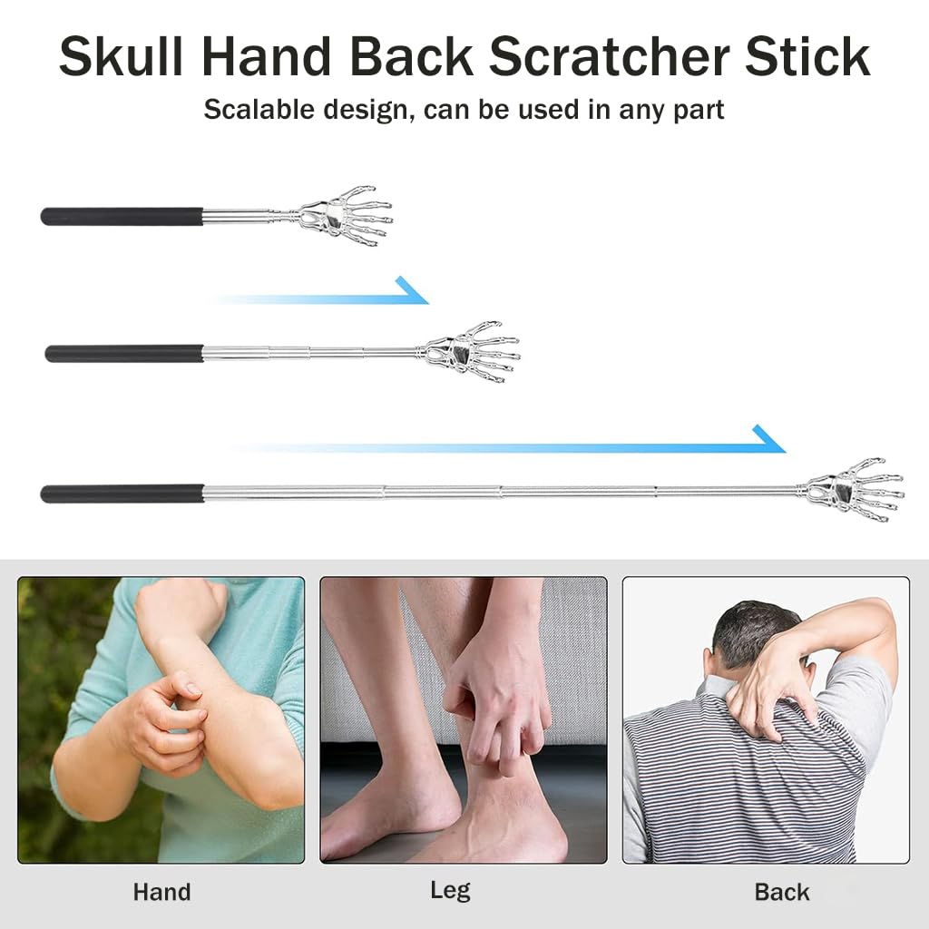 ZIBUYU Skull Hand Back Scratcher for Itch Relief with Telescopic 22–59cm Stick | Stainless Steel and Non Slip PVC Handle