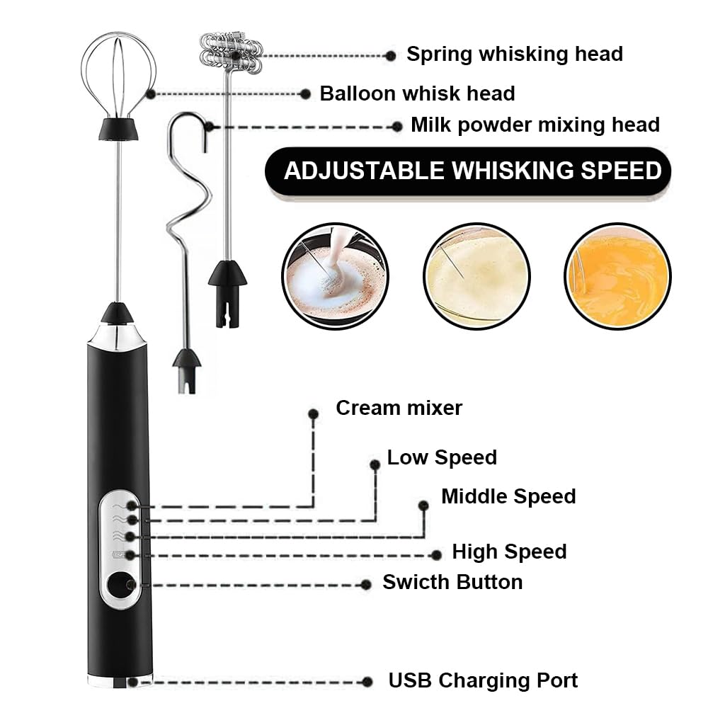Supvox Hand Blender for Coffee 3 in 1 Frother Coffee Maker with 3 Speed Milk Frother for Coffee Frother Electric USB Rechargeable Coffee Beater with 3 Stainless Whisks Head for Latte Hot Chocolate