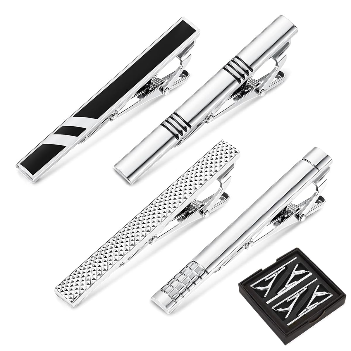 GUSTAVE® 4pcs Tie Clip for Men Formal Tie Pin Men's Suits Tie Clips Fashion Plating Metal Necktie Bar Clasps Set, with Gift Box (Blue, Golden, Black, Silver)