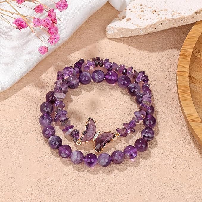 SANNIDHI Crystal Beaded Bracelets Set of 2 with Purple Stones and Butterfly Charm for Women Girls