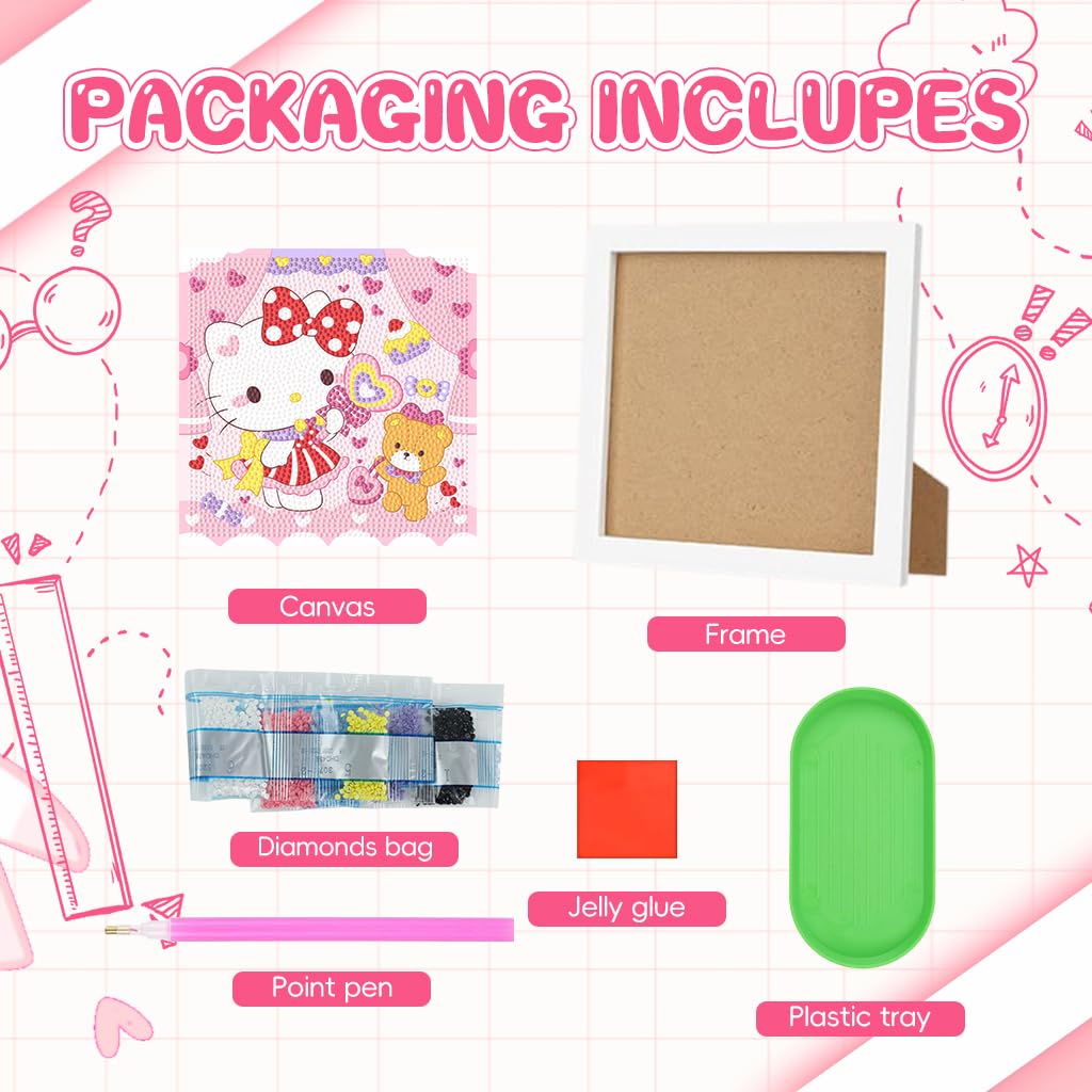 Fancyku DIY Diamond Painting Kit for Kids 7 Inches Cat Bear with Wooden Frame | 2 PCS Craft Gift